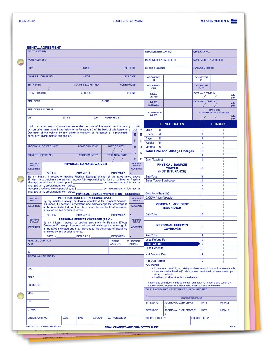Rental Agreements For Car Dealerships – 8-1/2" × 11-3/4" 4-Part Carbonless Snap-Out Forms – Sequentially Numbered Vehicle Rental Contracts With White, Canary, Pink & Goldenrod Sheets 1
