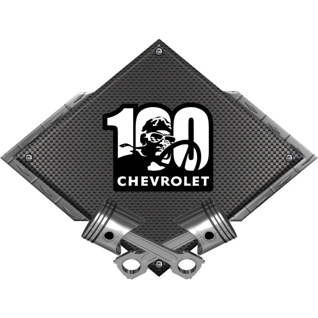 Chevrolet 100 Years Racing Black Diamond Cross Pistons Steel Sign 1