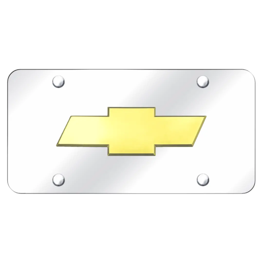 Chevrolet Bowtie 3D Logo License Plate - Gold On Chrome 1