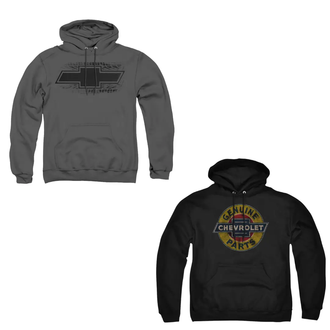 Chevrolet Hoodie Bundle – Bowtie Burnout Charcoal Hoodie + Genuine Chevy Parts Distressed Hoodie (Black) 1