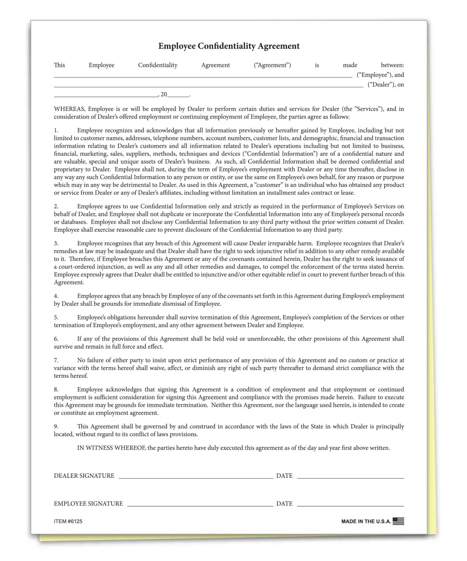 Employee Confidentiality Agreement Forms – 2-Part Carbonless Edge-Glued Legal Non-Disclosure Agreement (Nda) Forms – Standard 8.5" X 11" Business Privacy Protection And Data Security Paper – Bulk Pack Of 100 1