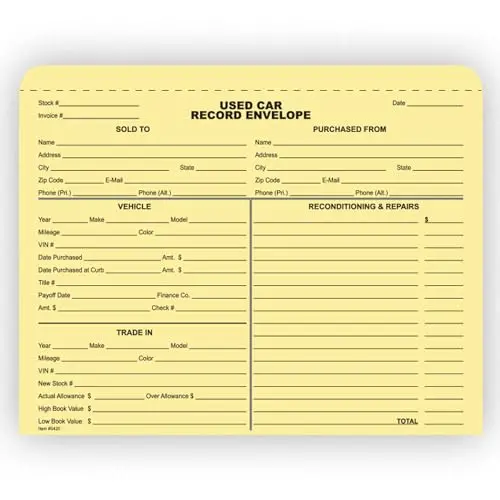 Used Car Record Envelopes For Car Dealerships & Repair Shops – 9-3/8" X 11-3/4" With 1/2" Extension – Durable 100# Buff Stock – Black Ink Printed On Short Side – Shrink-Wrapped Bulk Packs 1