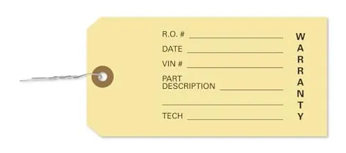 Warranty Parts Tag 6-1/4" × 3-1/8" - Heavy Duty 10-Pt Manila Tags With Reinforced Hole And Pre-Attached Wire Twist Tie For Secure Auto Parts Tagging - Pack Of 1000 1