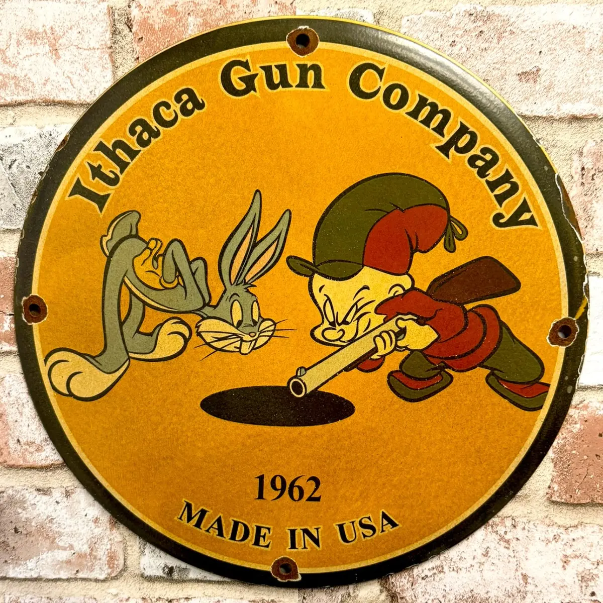 Ithaca Gun Company Porcelain Sign With Nostalgic Elmer Fudd + Bugs Bunny Vintage Advertisement 1