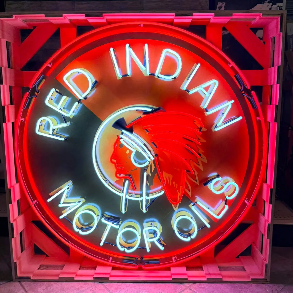 Red Indian Motor Oils Single-Sided Neon Porcelain Box Sign 1