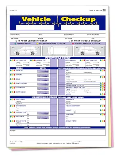 Multi-Point Inspection Form - Generic – Vehicle Checkup 3 Part Carbonless Vehicle Checklist - General Vehicle Checkup 8-1/2"×11" Snap-Out Inspection Report - White, Canary, Pink 1