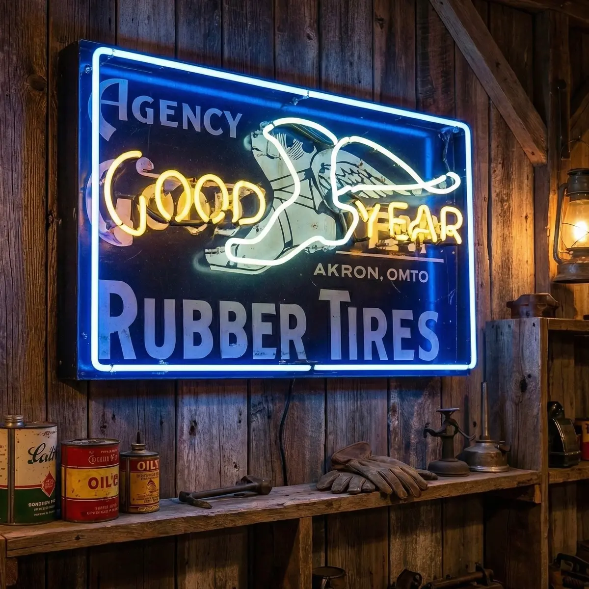 Goodyear Rubber Tires Wingfoot Neon Porcelain Lighted Panel Advertising Sign 1