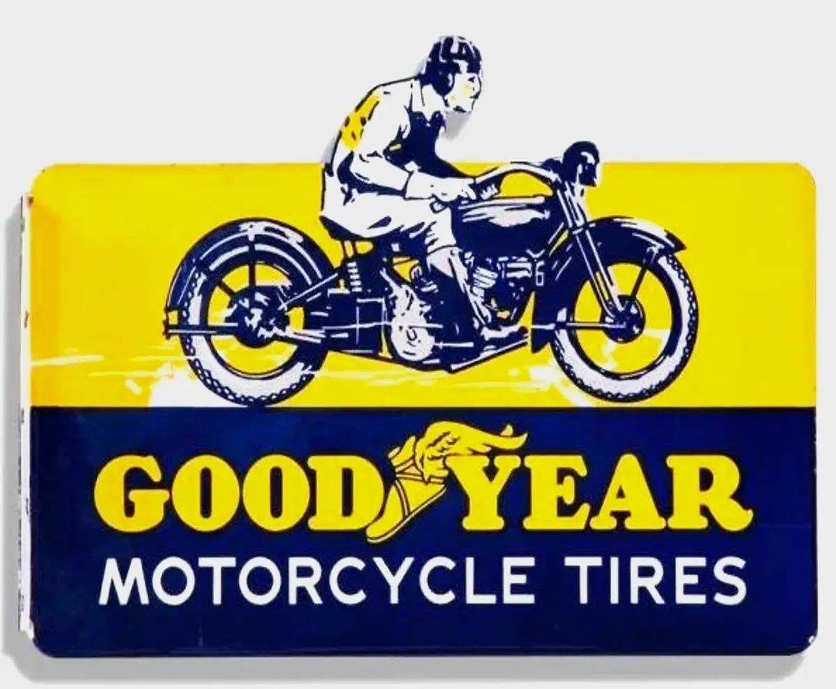 Good Year Motorcycle Tires Crested Figural Top Cut Porcelain Panel 1