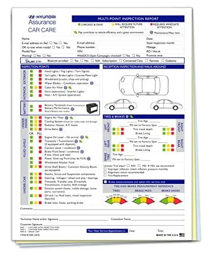 Multi-Point Inspection Form - Compatible With Hyundai 3 Part Carbonless Vehicle Checklist - Manufacturer Recommended Inspection Report - 8-1/2"×11" Edge Glued - White, Canary, Blue 2