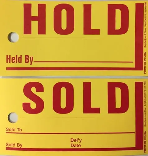 Jumbo Hold/Sold Tags For Car Dealerships - Heavy Duty 8" X 4" Merchandise Tags With 9/16" Slice Hole - Bright Yellow Tags With Red Print 1