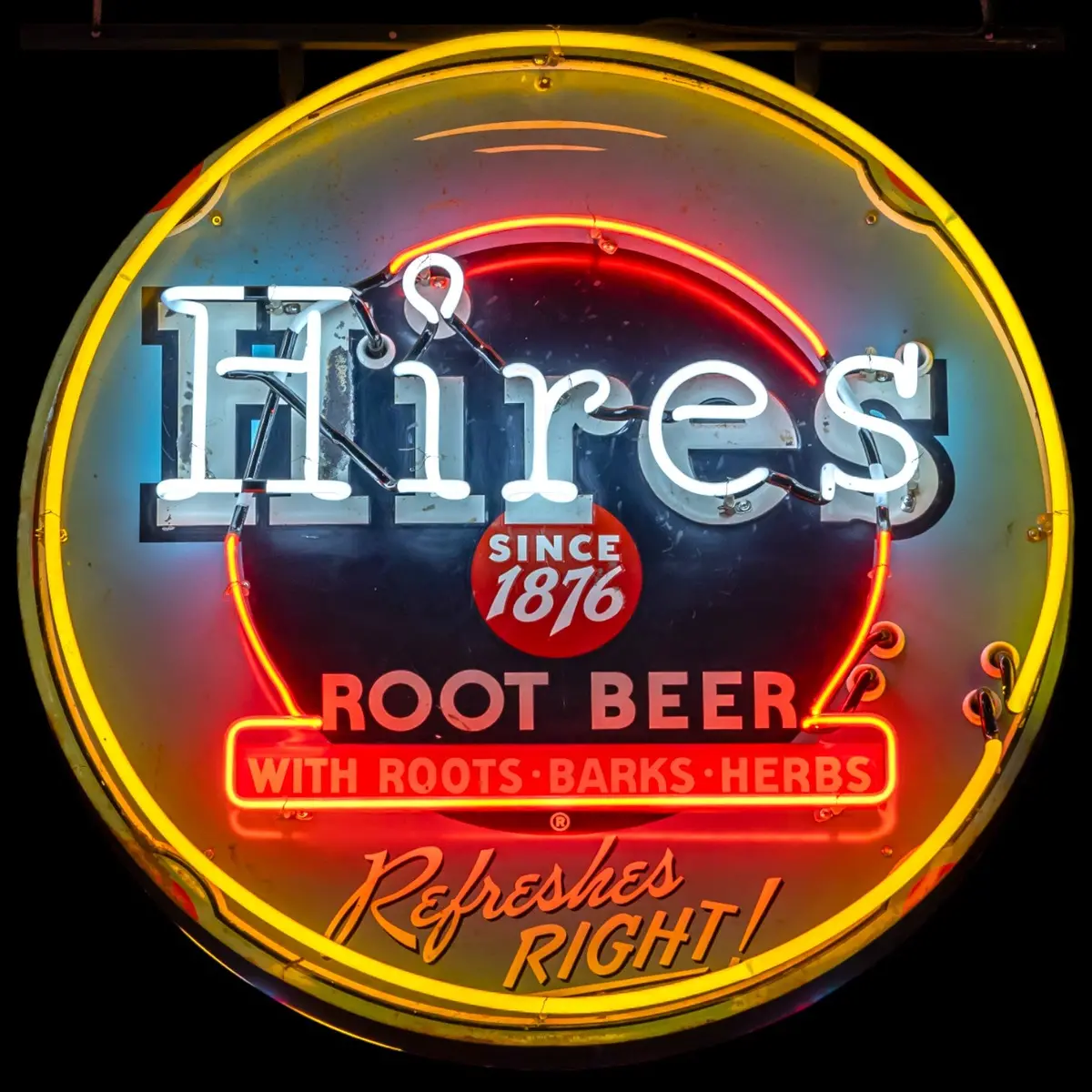 Vintage Hires Root Beer Glass Neon Porcelain With Steel Can Reproduction 1