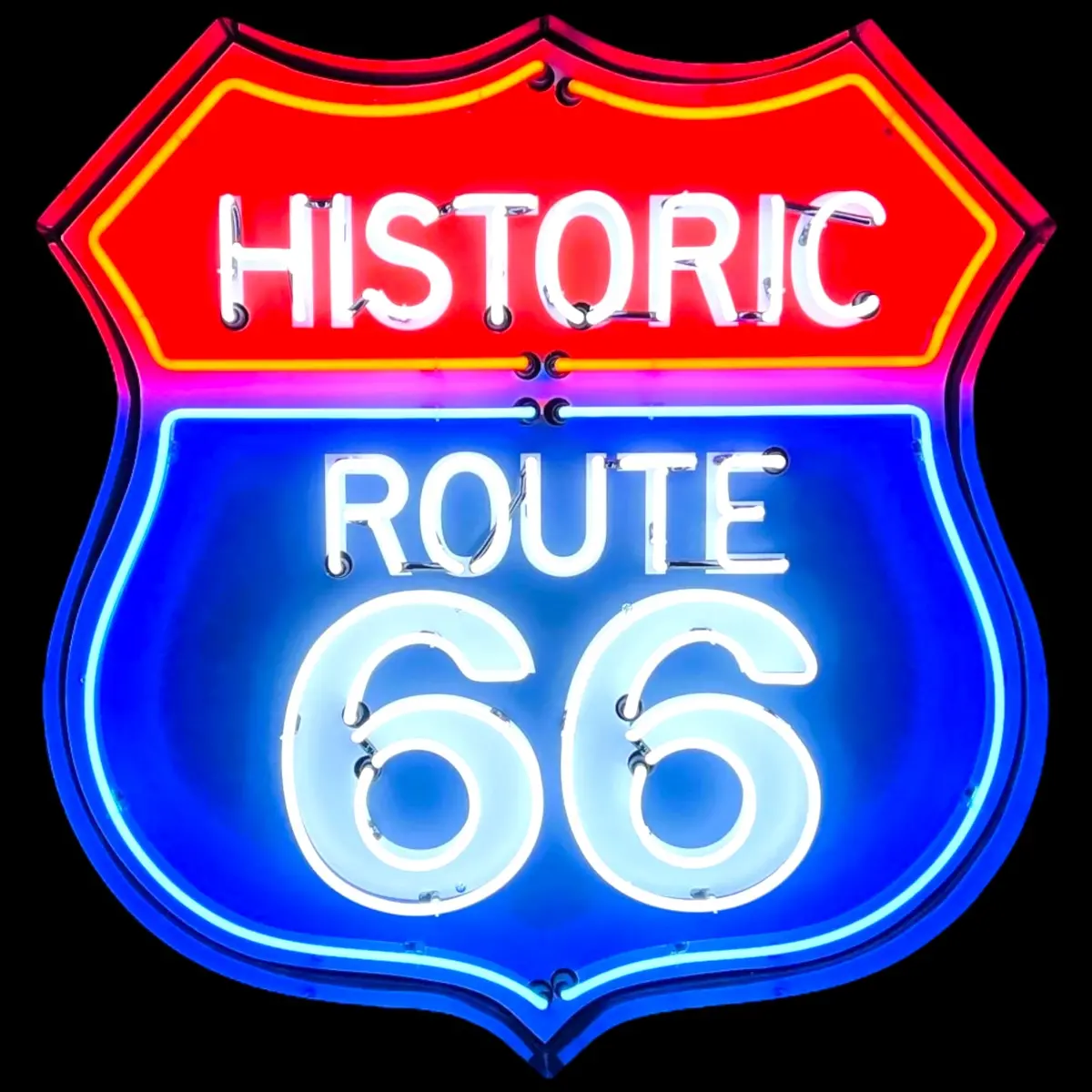 Historic Route 66 Neon Porcelain U.S. Highway Shield With Die Cut Steel Can 1
