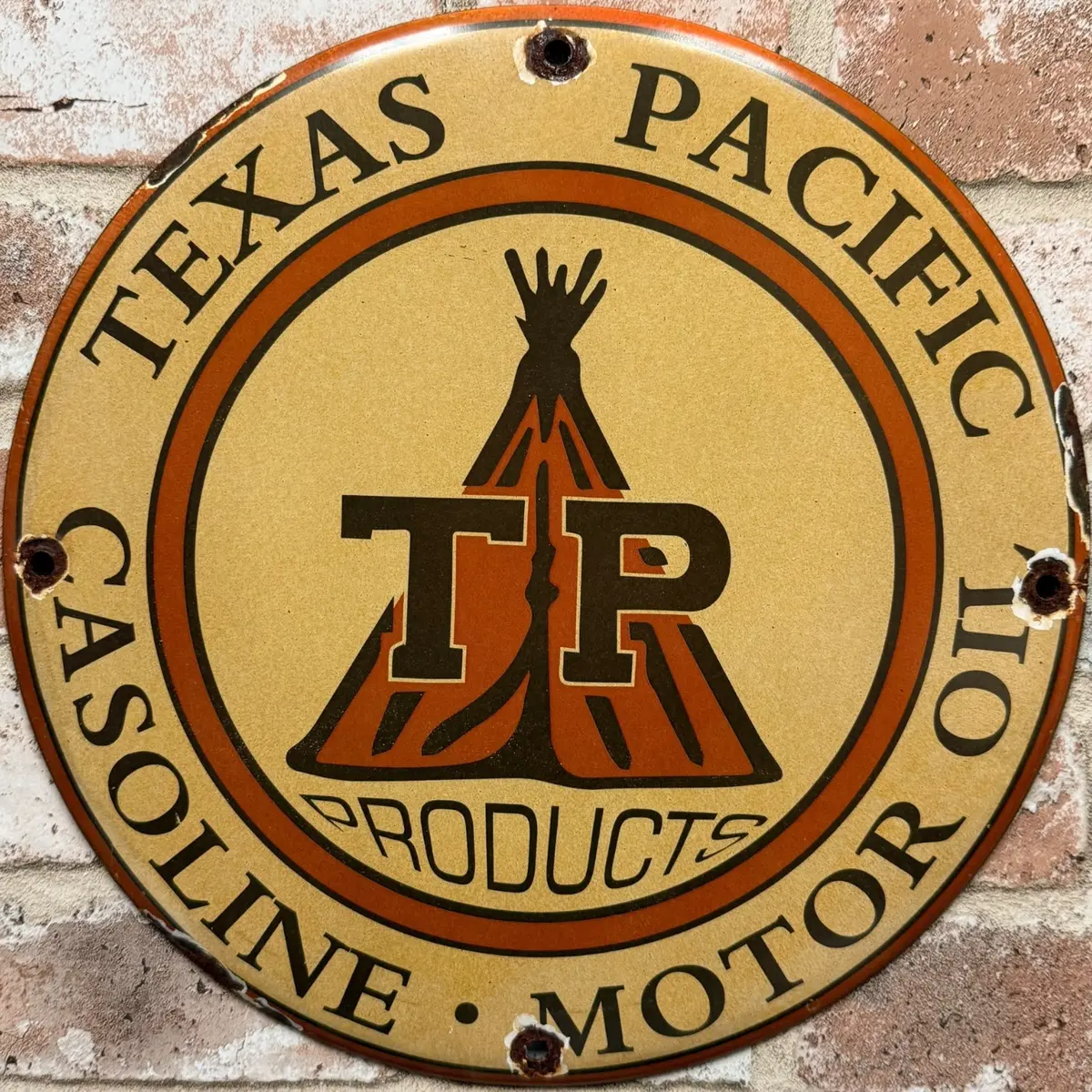 Texas Pacific Tp Gasoline Motor Oil Porcelain Enamel Sign (12In) 1