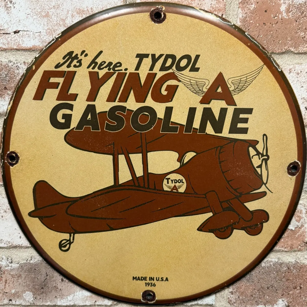 Tydol Flying A Gasoline 1936 Aviation Porcelain Enamel Sign (12In) 1