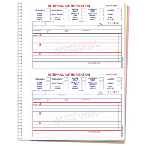 Internal Authorization Book (Form 125) – 8.5" X 11" 3-Part Carbonless Forms (White, Canary, Pink Ncr Paper) – Perforated At 5.5" – Pre-Numbered Red Ink – Vehicle & Equipment Work Order Tracking 1