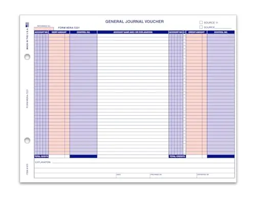 General Journal Vouchers (Form Era-7221) - Compatible With Era* & Vim* Accounting Systems - 8.5" × 11" 1-Part Cut Sheet On 20# White Paper - Financial Record-Keeping Forms 1