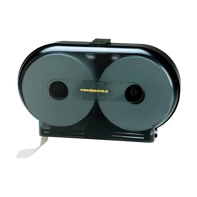 Jumbo Roll Twin Jr Toilet Paper Dispenser – Commercial Bath Tissue Holder For 2 Rolls – Fits Up To 9" Diameter Rolls – Translucent Smoke Cover & Black Base – Modern Key Lock Design For Secure Restroom Supply 1