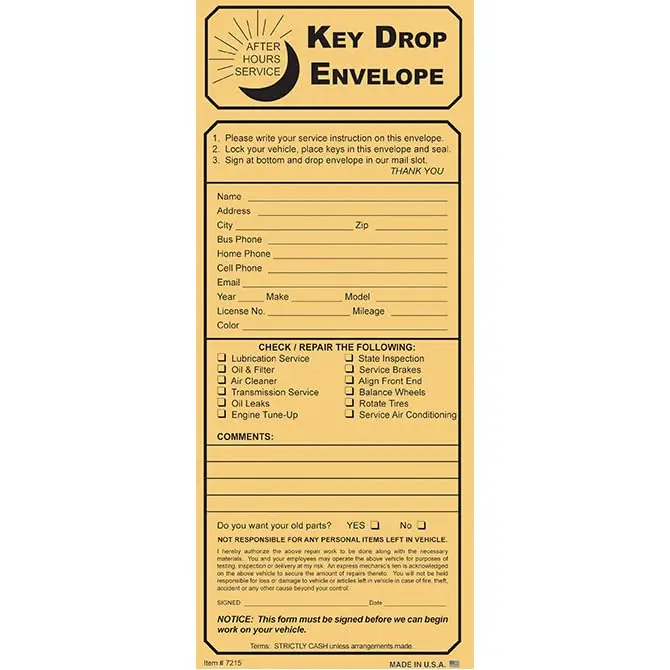 After-Hours Service Key Drop Envelopes For Car Dealerships - 4-1/8" × 9-1/2" 24# Kraft Envelopes With Top Opening - Secure, Durable, Tamper-Proof, Shrink-Wrapped 1