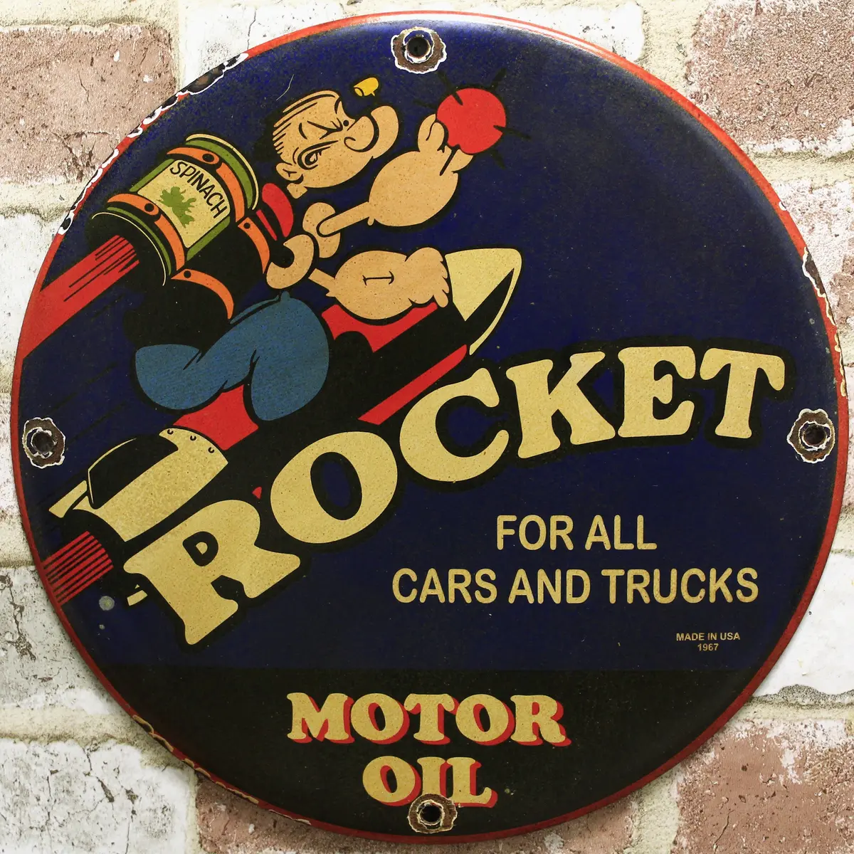 Rocket Motor Oil With Popeye Porcelain Enamel Sign (12In) 1