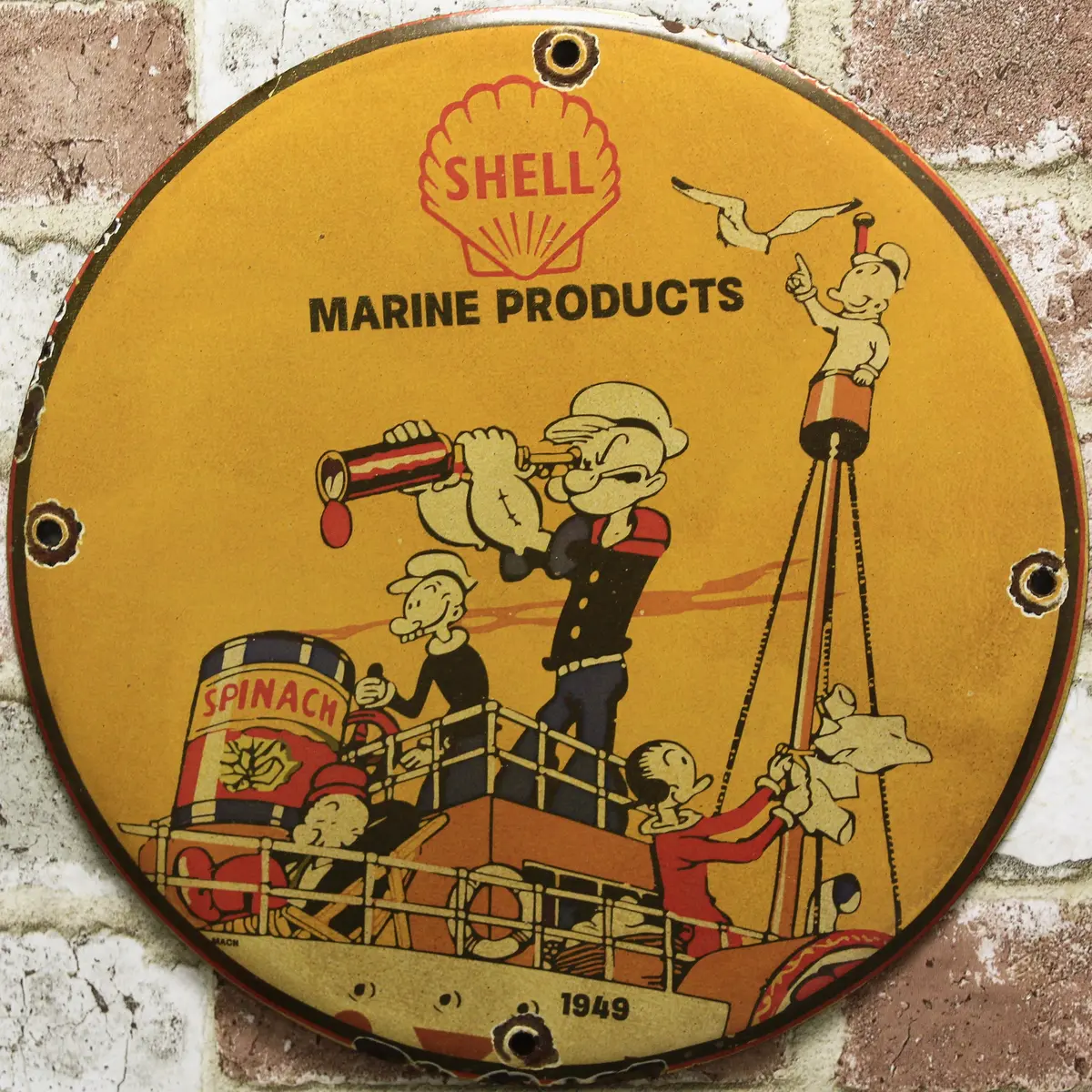 Shell Marine Products Popeye & Olive Porcelain Enamel Sign (12In) 1