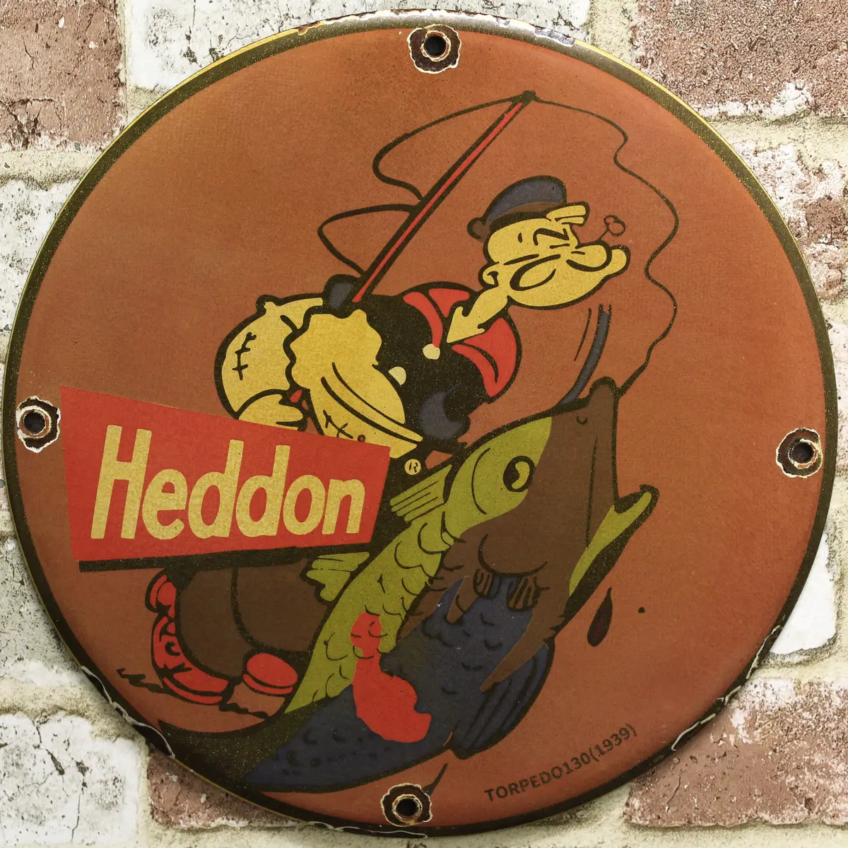 Heddon Fishing Popeye Vintage Porcelain Enamel Sign (12In) 1