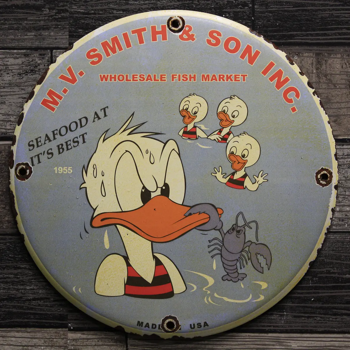 Donald Duck Vintage 1955 Fish Market Porcelain Enamel Sign (12In) 1