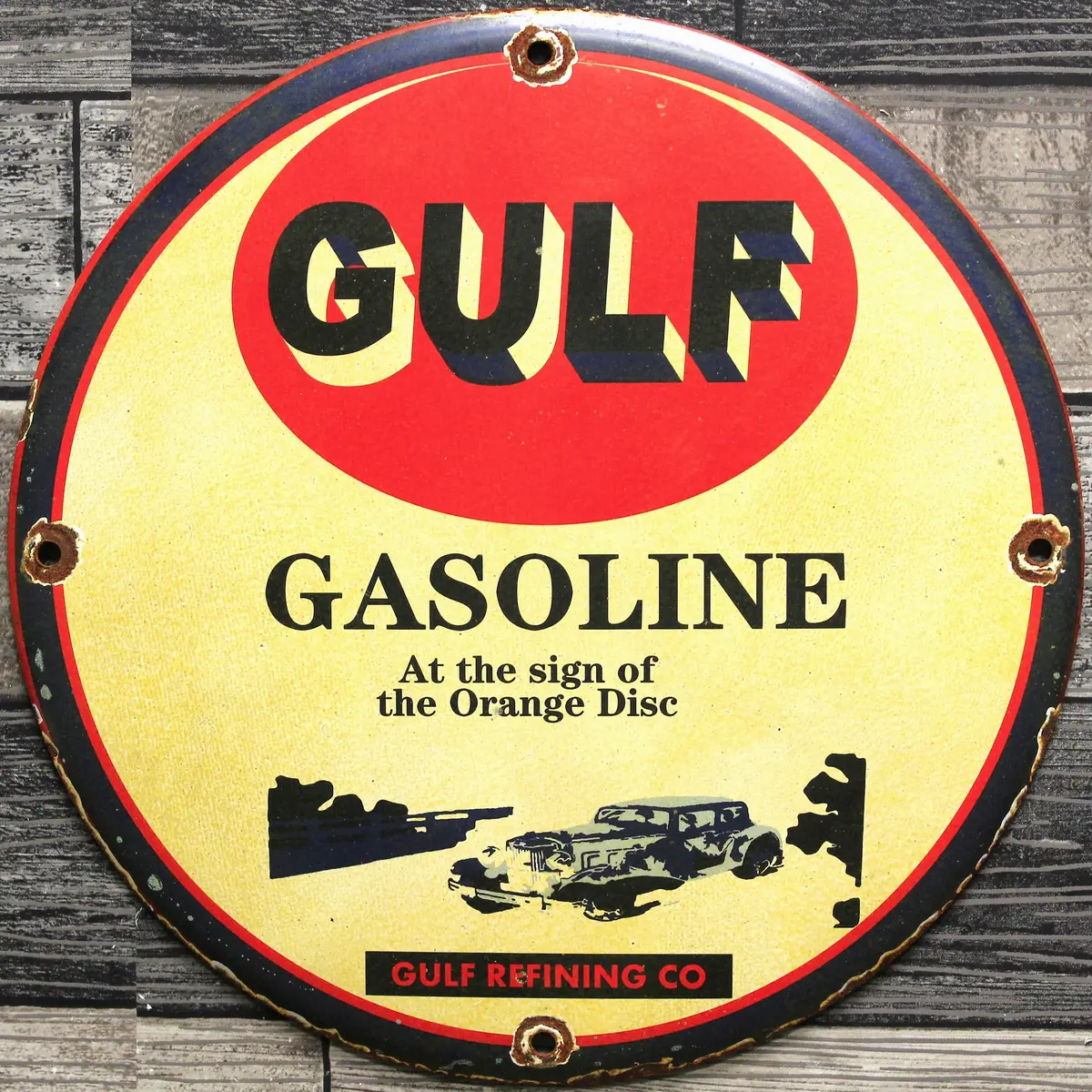 Gulf Gasoline Refining Co. Vintage Porcelain Enamel Sign (12In) 1