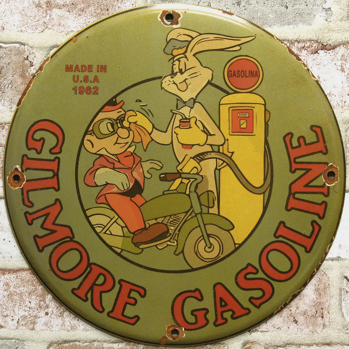 Gilmore Gasoline Bugs Bunny & Elmer Fudd Porcelain Enamel Sign (12In) 1