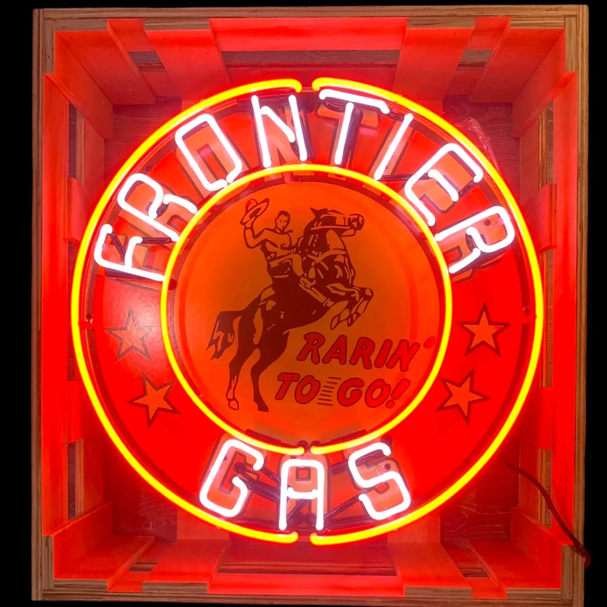 Frontier Gas Rarin' To Go Single-Sided Neon Porcelain Box Sign 1