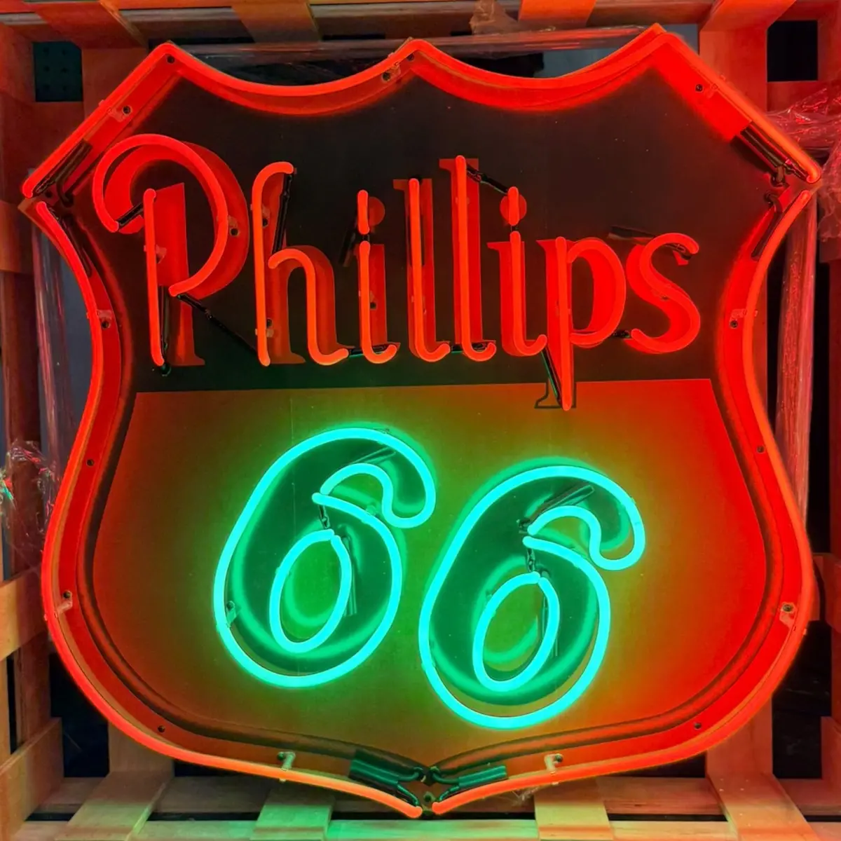 Phillips 66 U.S. Route Neon Porcelain Die Cut Shield Sign With Can 1