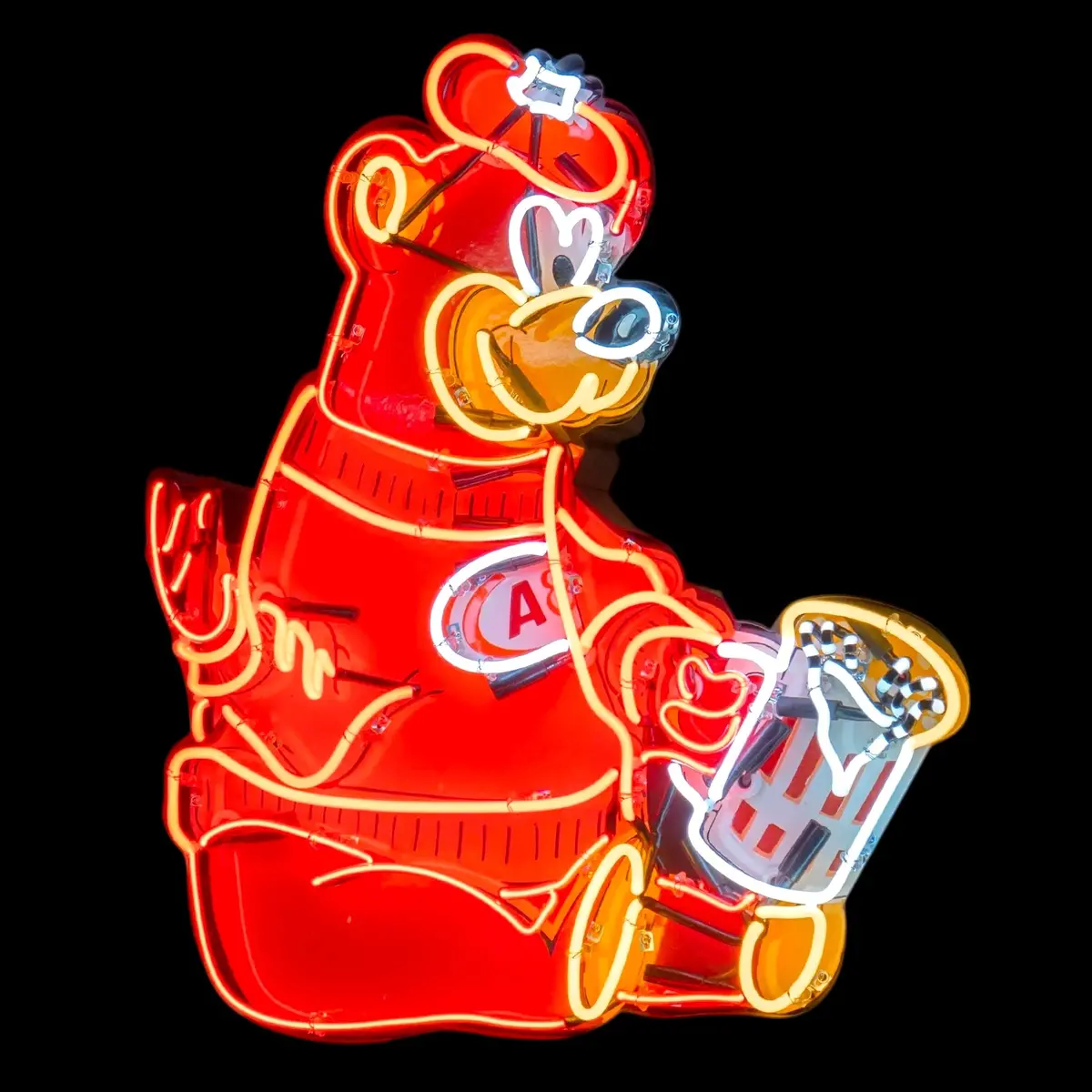 A&W Rooty The Great Root Beer Bear - Large Die Cut Neon Porcelain Sign With Can Vintage Advertising 1