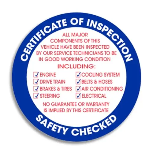 Professional Vehicle Inspection Stickers For Car Dealerships – 3" Circle Vinyl Stickers With Major Vehicle Components Checklist – Durable 3 Mil Weatherproof Vinyl – Internal Window Installation – Auto Service, Inspection Tags 1