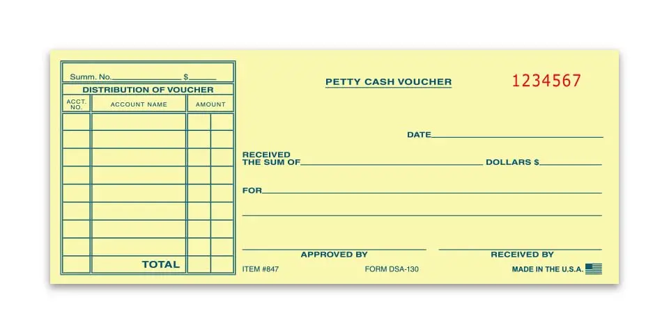 Petty Cash Voucher For Tracking Payments Money Management Receipt - 8-1/2" × 3-1/2" 1-Part Canary Paper, Ledger For Petty Cash Record Keeping Of Business Accounts 1