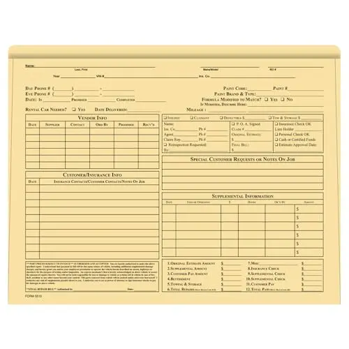 Pre-Printed Heavy Duty Body Shop Jackets – Large 12" X 9-3/8" Auto Shop Document Folders With 1/2" Expansion – Automotive Repair & Collision Center Supplies – Bulk 500-Pack 1