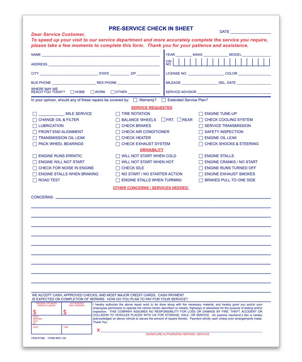 Pre-Service Check-In Sheets Ro-100 – 8.5" × 11" Laser Paper Forms – 1-Part Padded Customer Feedback Forms – Auto Repair Shop Service Check-In, Vehicle Intake Forms, Client Communication, Service Advisor Tools 1