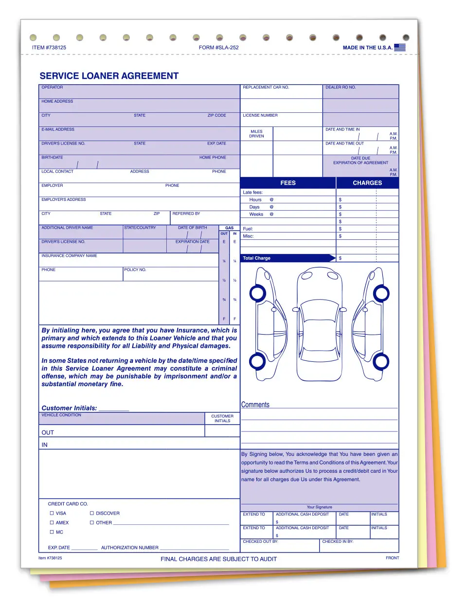Professional Service Loaner Agreements For Car Dealerships - 8.5" × 11.75" 4-Part Carbonless Vehicle Loaner Contracts - Sequentially Numbered Auto Loaner Forms, Service Loaner Agreements, Customer Authorization Forms 1