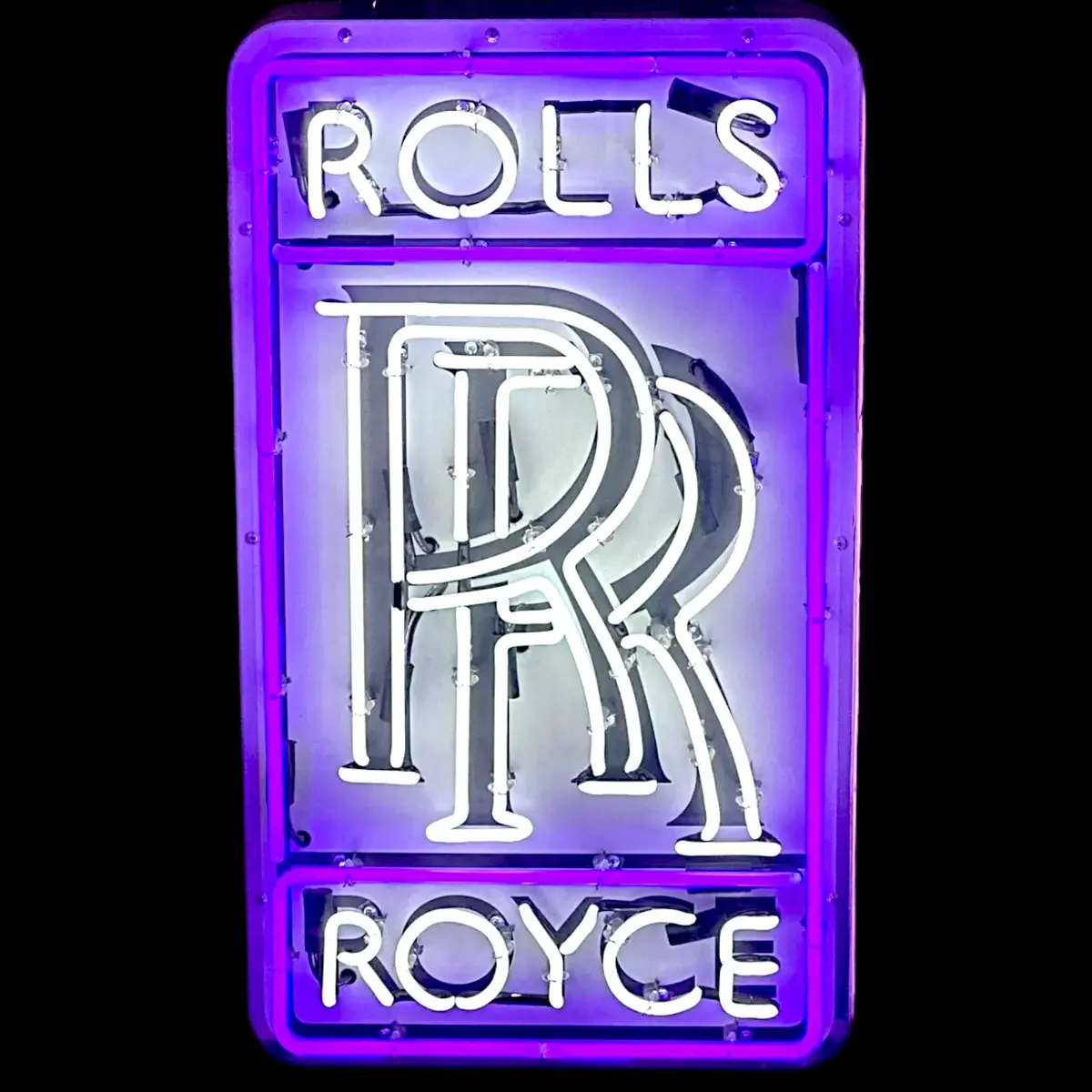 Rolls Royce Real Neon Sign - Purple/White, Bent Glass, Porcelain With Can - Vintage Automotive Advertising 1