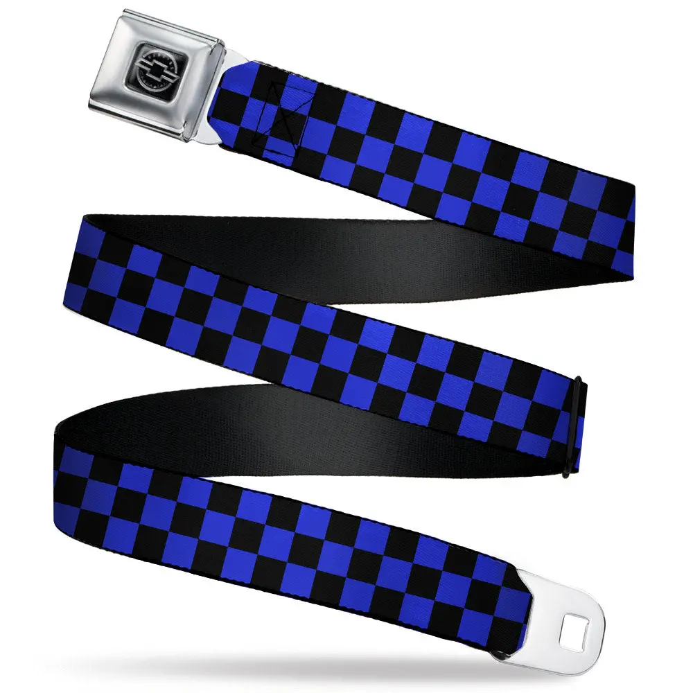 Chevy Seatbelt Belt - Checker Black & Neon Blue Webbing 1