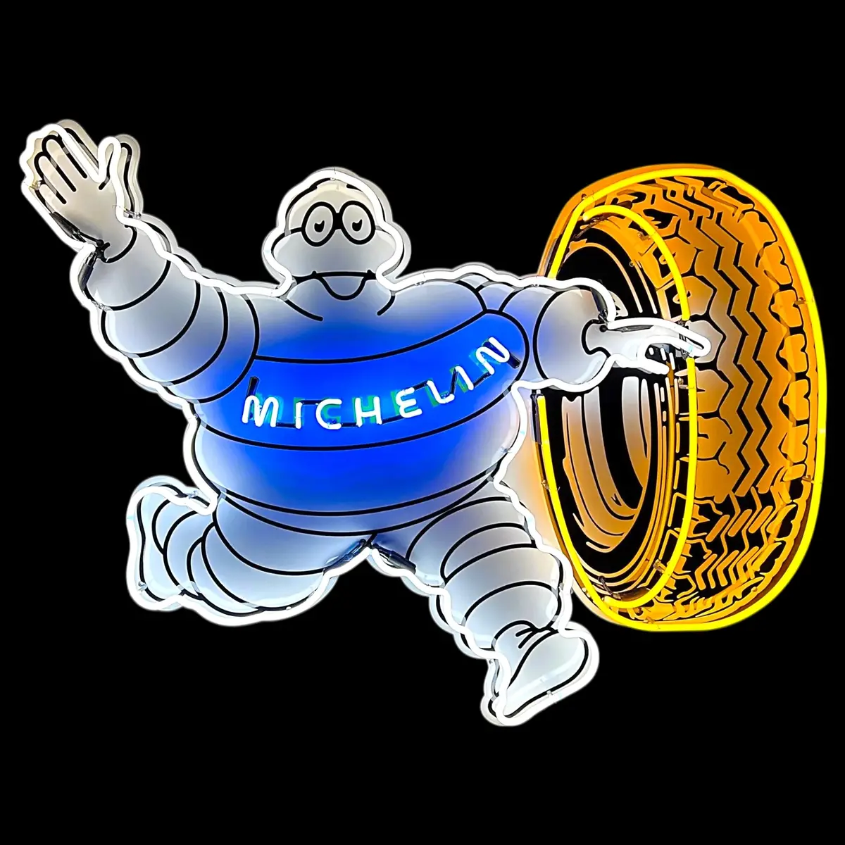 Michelin Man Waving Tire Neon Porcelain Sign With Die Cut Can 1