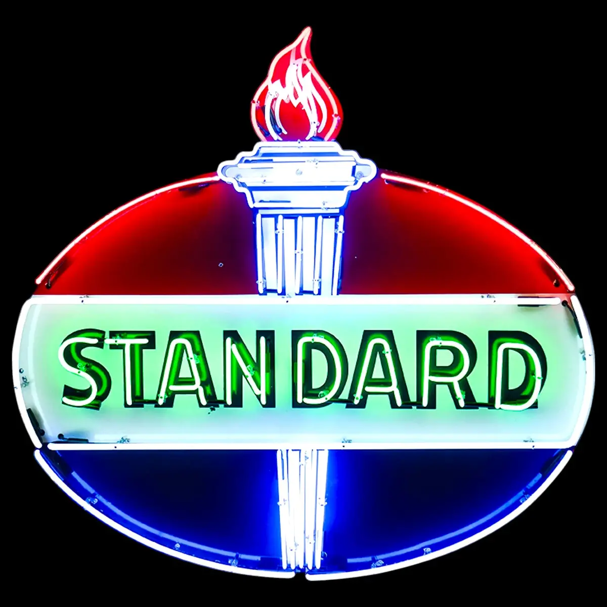 Standard Oil Neon Sign - Die Cut Torch Flame - Glass Neon Porcelain With Can - Vintage Gas Station Advertising 1