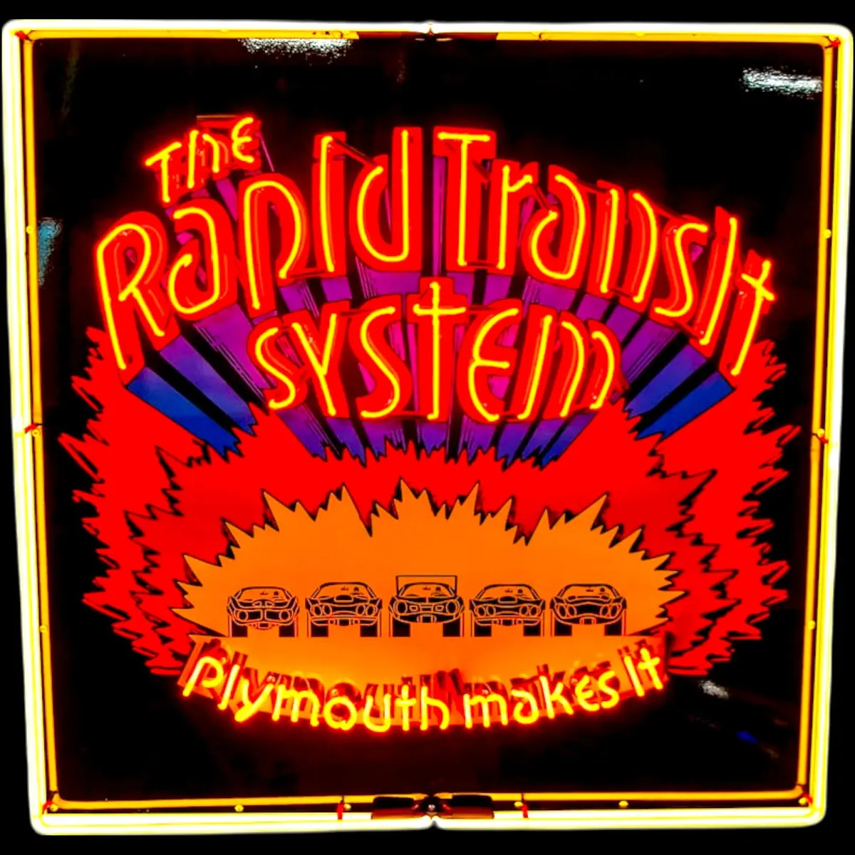 The Rapid Transit System (Rts) Real Neon Sign - Large, Glass, & Porcelain Enamel - Retro Vintage Plymouth Makes It Dealership Advertising Display 1