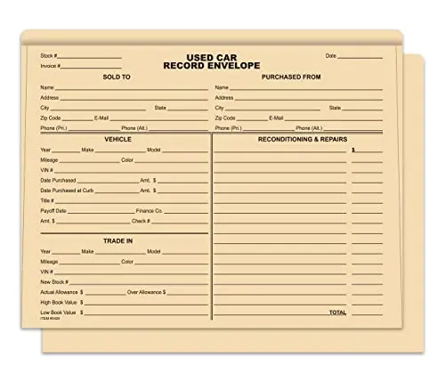 Used Car Record Envelopes For Car Dealerships & Repair Shops – 9-3/8" X 11-3/4" With 1/2" Extension – Durable 100# Buff Stock Automotive Document Envelopes – Bulk Shrink-Wrapped Packs 4