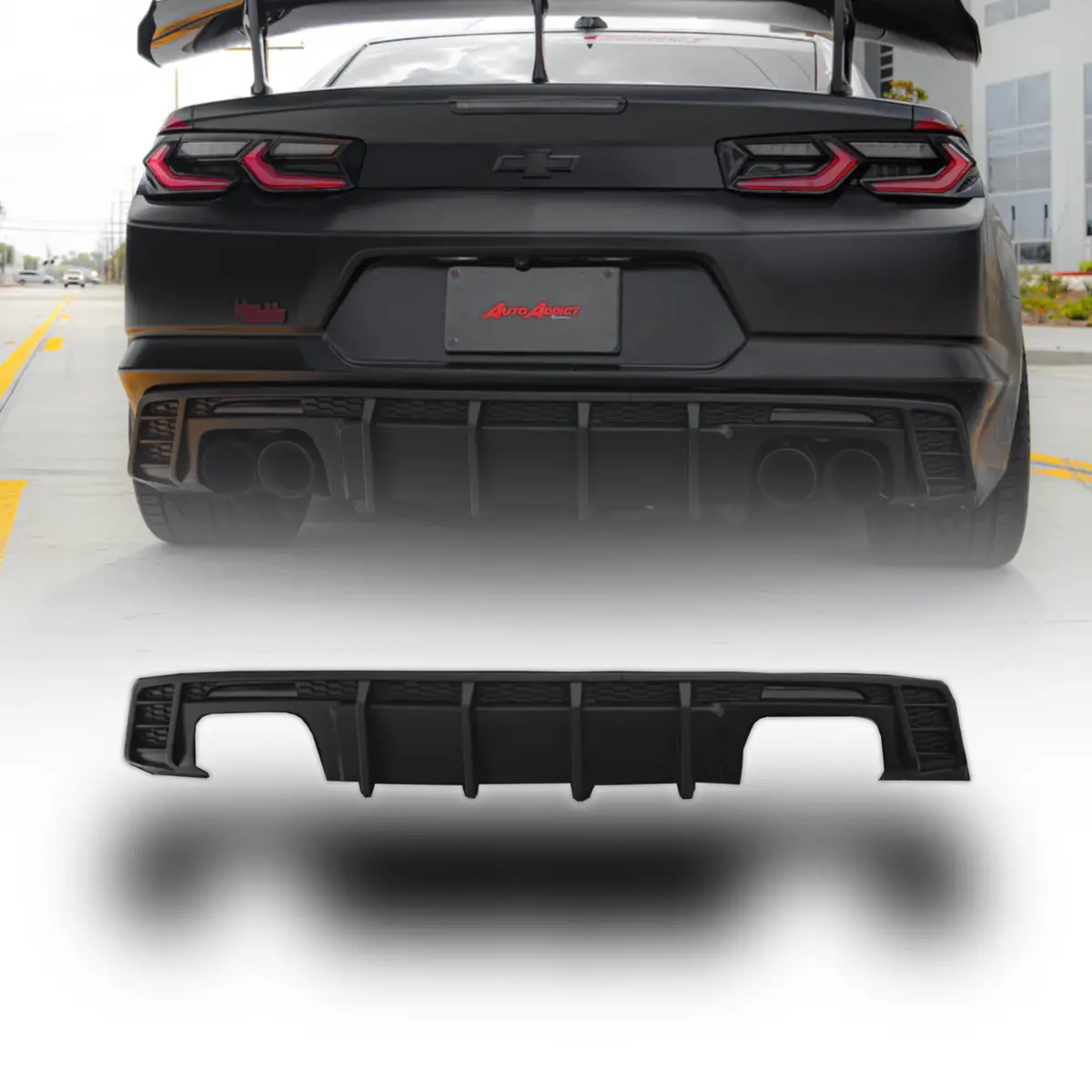 2016-2024 Chevy Camaro Evo Style Shark Fins Rear Diffuser Quad/Single Tips Ss/Rs/Lt & Zl1 W/ Smoke Reflectors 1