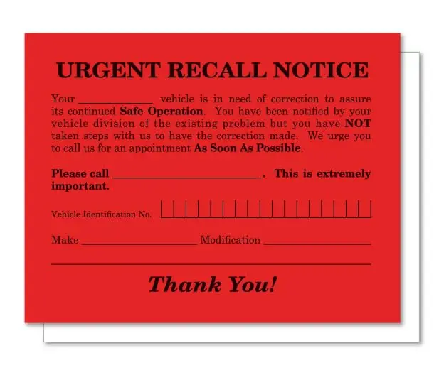 Urgent Recall Notice Cards - Fluorescent Red 5.5" X 4.25" Single-Part Cardstock With Bold Black Printing - High Visibility Automotive Safety Recall Alerts For Dealerships And Repair Shops 1