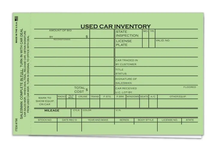 Used Car Inventory Card – 2-Part Snap-Out Carbonless System With Green & White Tags – 6-5/8" X 4-1/4" – Automotive Dealership Inventory Management, Rental Services, Garage Vehicle Records 1