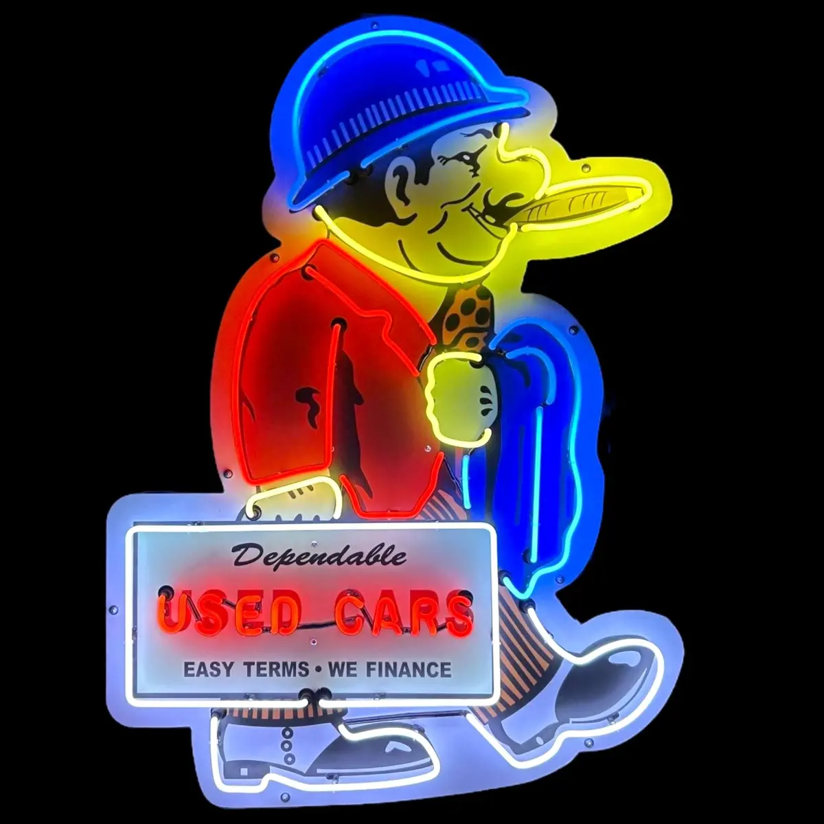 Dependable Used Cars Easy Terms Neon Die Cut Salesman With Briefcase Cigar 1