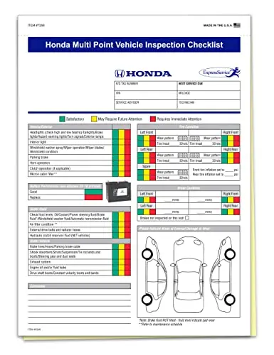 Honda Multi-Point Inspection Form - 2-Part Carbonless Vehicle Checklist - Manufacturer Specific Inspection Report - 8-1/2"×11" Snap-Out - White, Canary, Pink 1