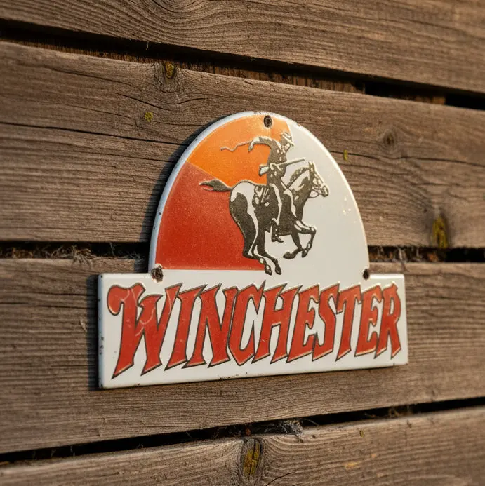 Winchester Crested Dome Top Porcelain Enamel Die Cut Metal Advertising Sign 1