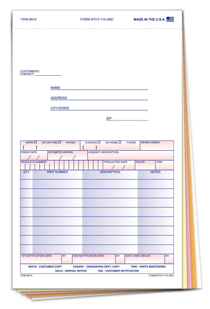 Special Parts Order Forms – 5-Part Carbonless Snap-Out Auto Parts Order Forms With Customer Message Section & Postcard Mailer – Multi-Color Copies, 5-2/3" × 9-1/4", Bulk Pack Of 100 1