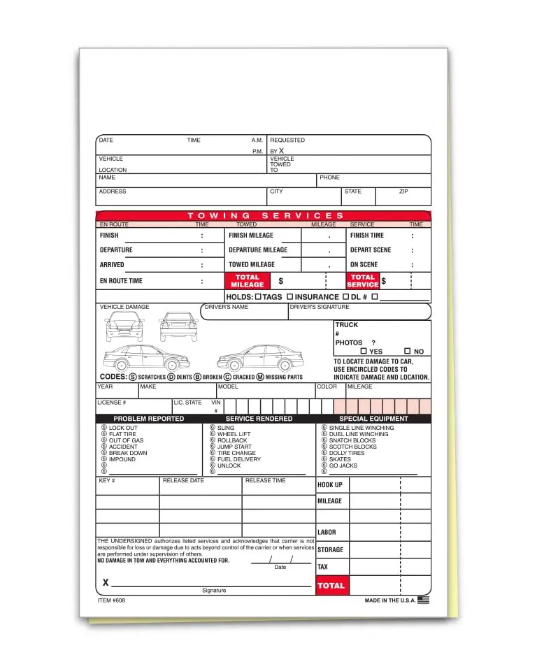 Plain Towing Register Form – 5-1/2" X 8-1/2" 2-Part Carbonless Edge-Glued Forms – White & Canary Duplicate Invoice Pads For Towing Services, Tracking, Recording & Customer Invoicing 1